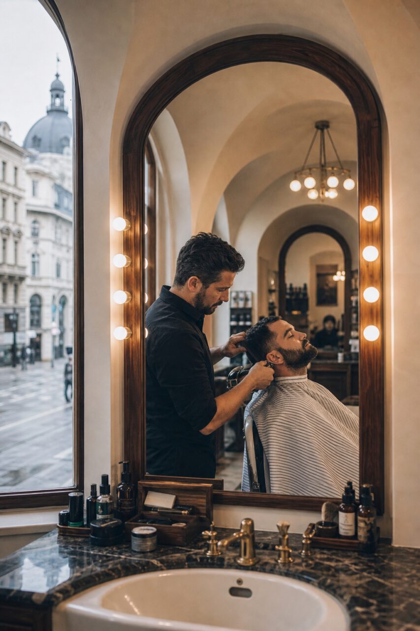 Weiter Blick auf einen Barbier am Stuhl neben beleuchtetem Spiegel und Waschbecken