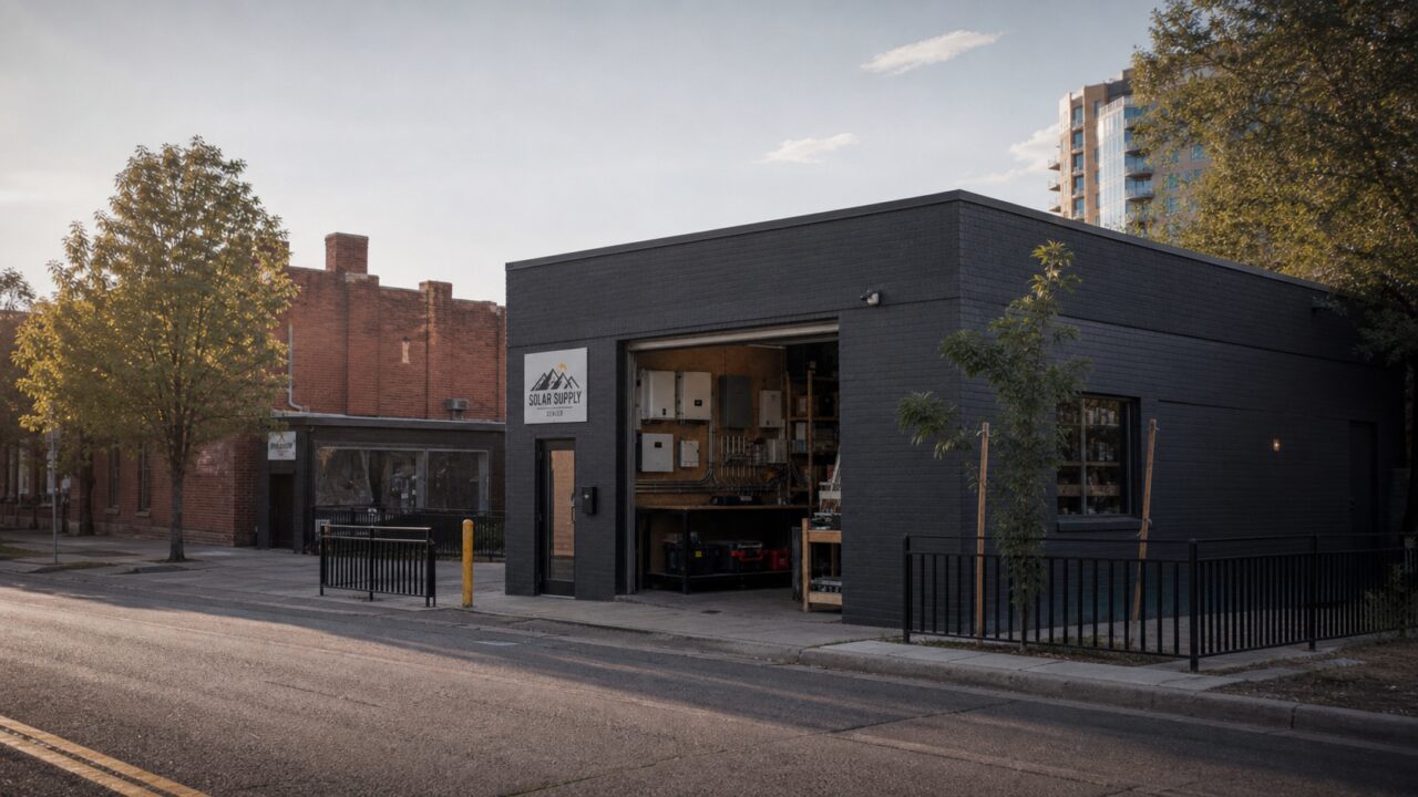 Vue large du bâtiment Solar Supply avec atelier ouvert dans une rue de Denver