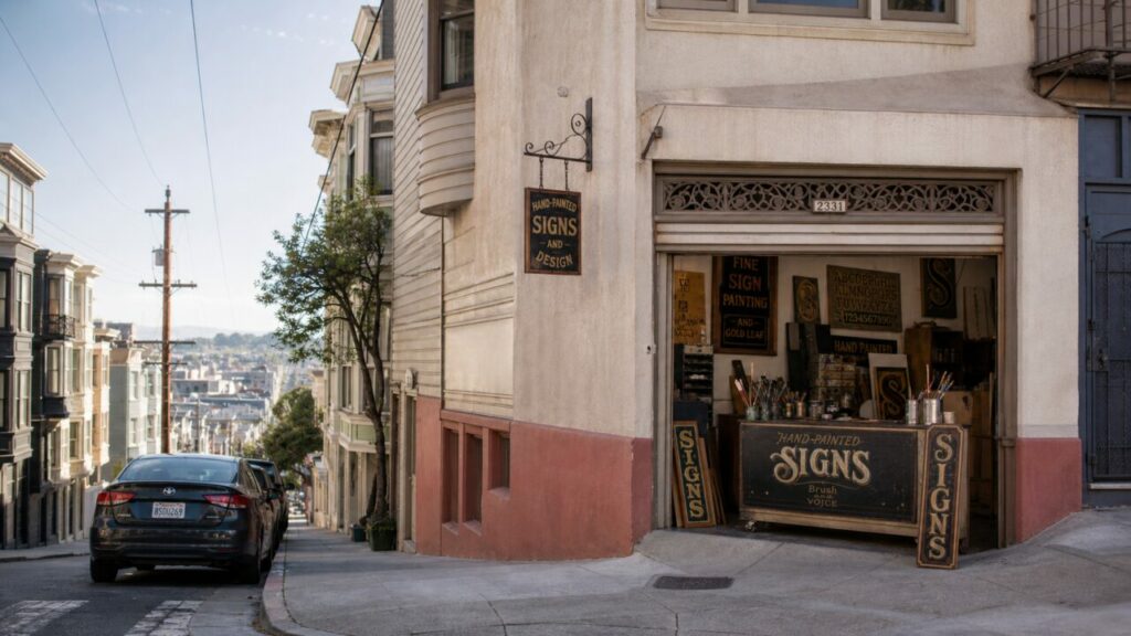 Weite Ansicht einer Werkstatt für handgemalte Schilder an einer Straßenecke in San Francisco