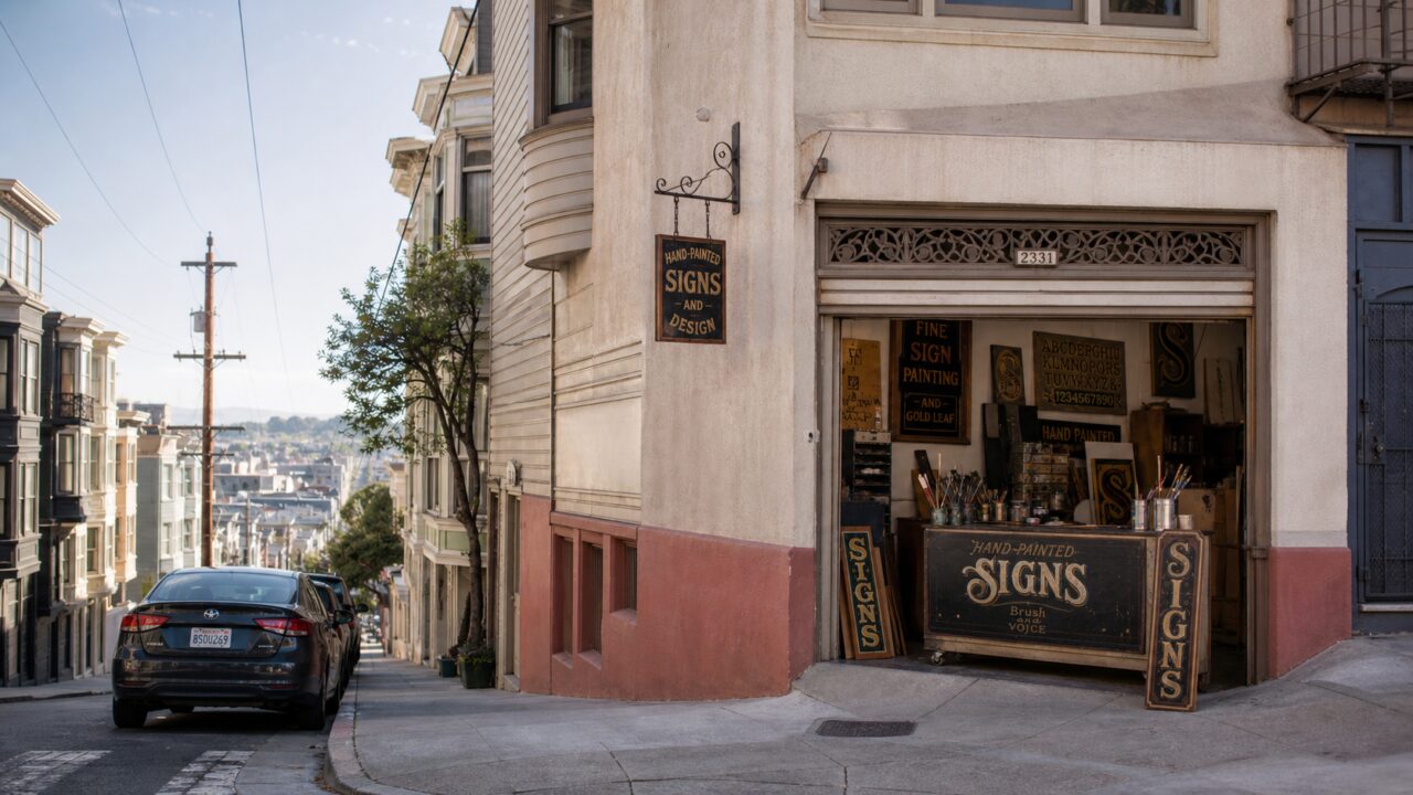 Veduta ampia di una bottega di insegne dipinte all’angolo di una strada a San Francisco