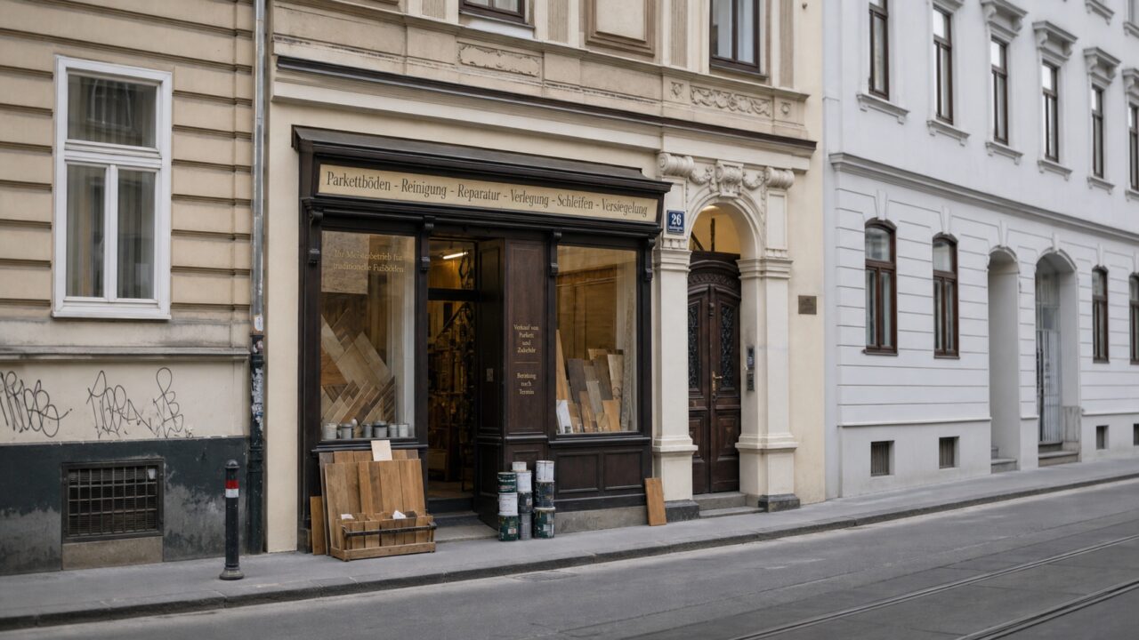 Wide view of a Vienna parquet shop framed by buildings and tram rails