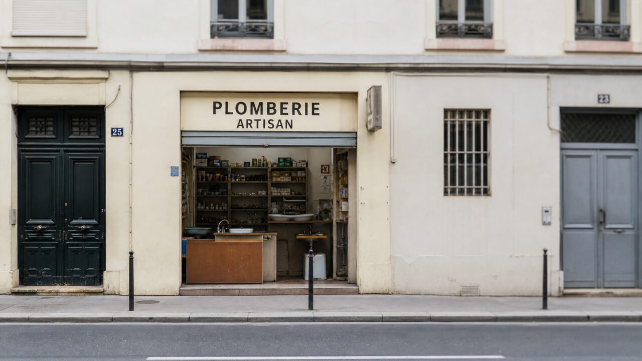 Breed beeld van een ambachtelijke loodgieterswinkel aan een straat in Lyon
