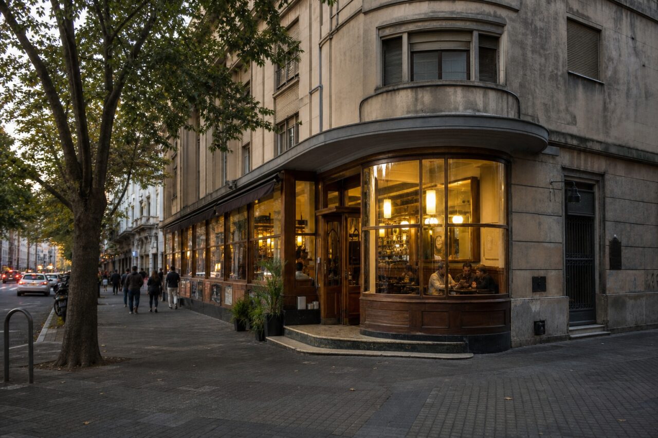 Wide view of the corner cafe beyond a large tree