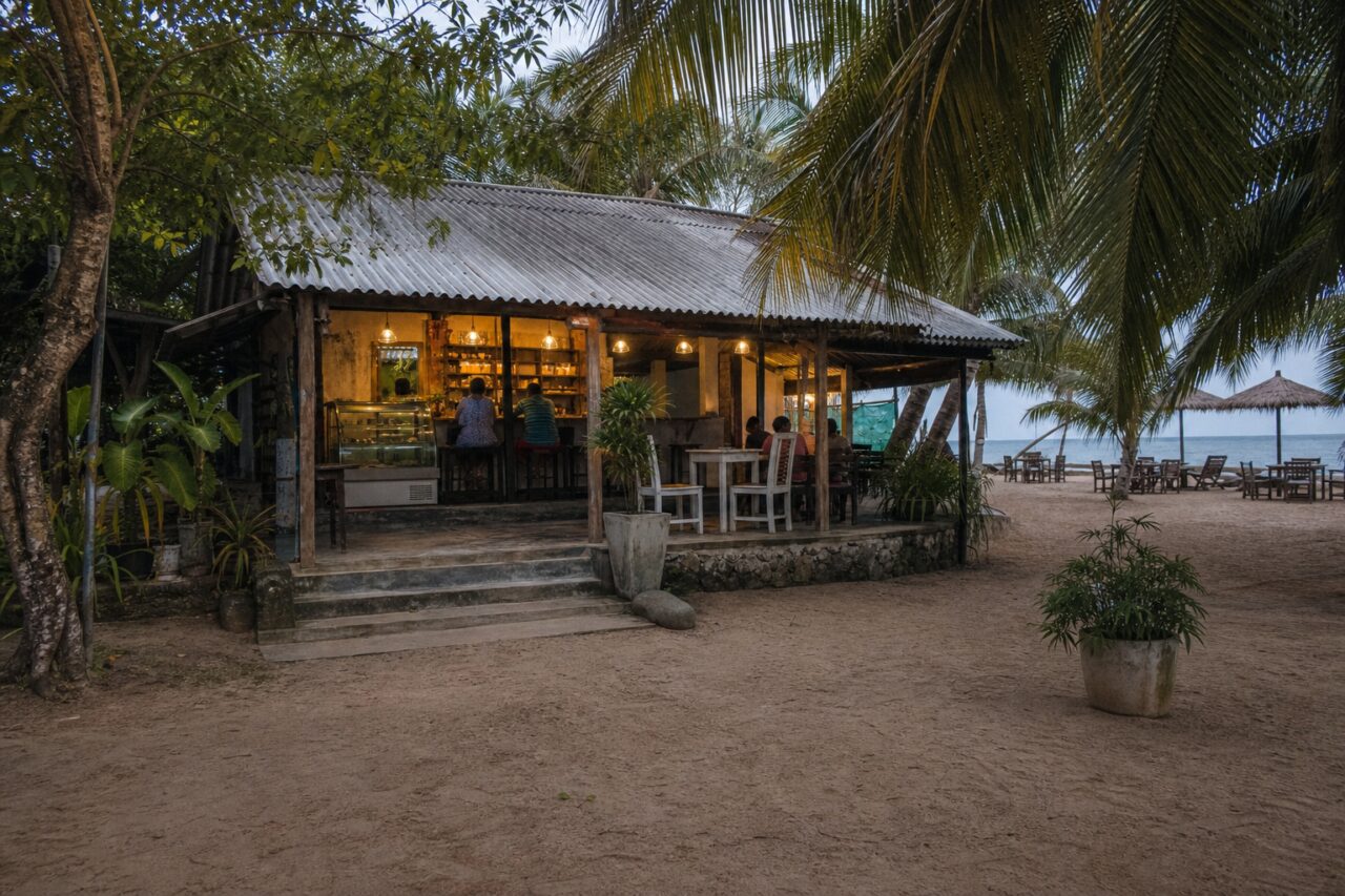 Vue large du café entre les arbres et les tables de plage