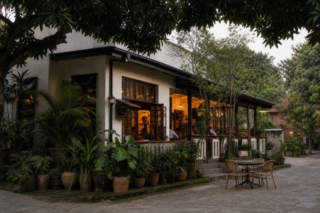 Vue large du café sous la canopée