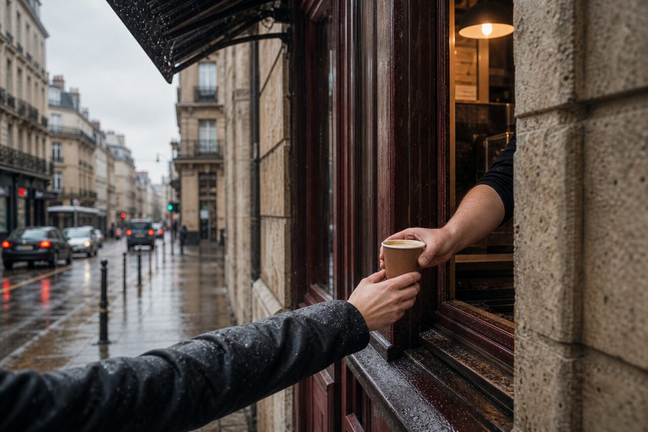 Vista ampia di un caffè da asporto passato dalla finestra sotto l’acquazzone