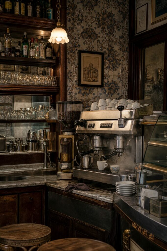 Vue large du comptoir avec machine expresso et étagères