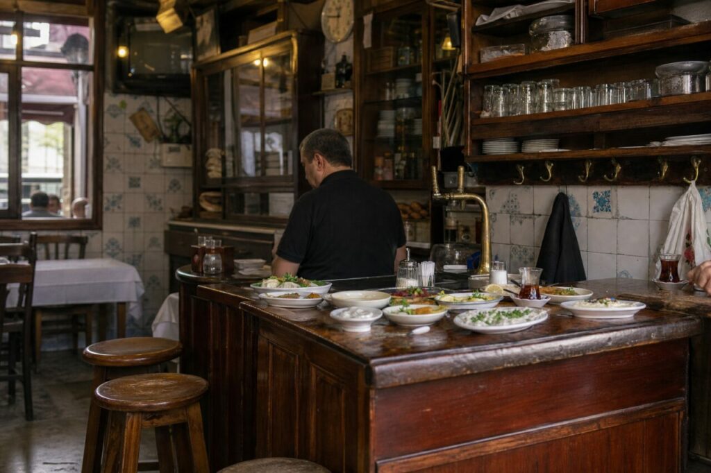 Vue large d’un comptoir sombre avec tabourets et vaisselle