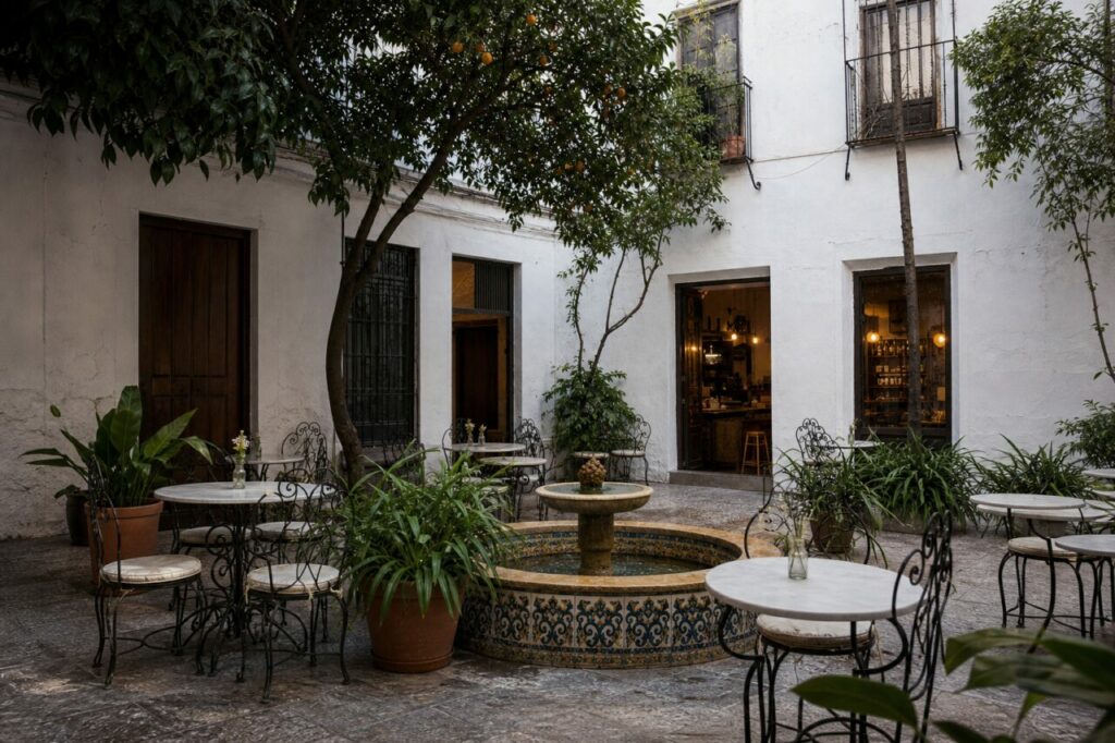 Weite Ansicht eines Caféhofs rund um einen Brunnen