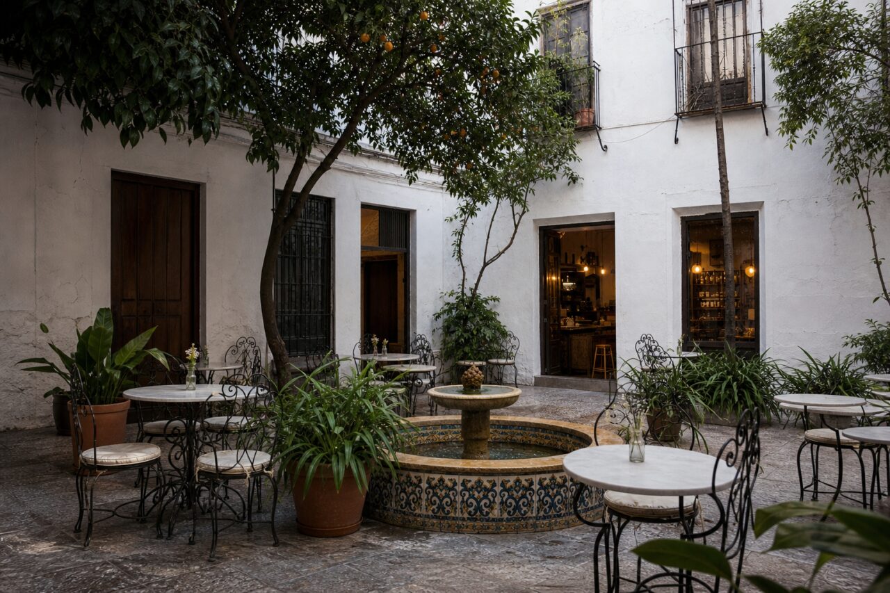 Wide view of a café courtyard encircling a fountain
