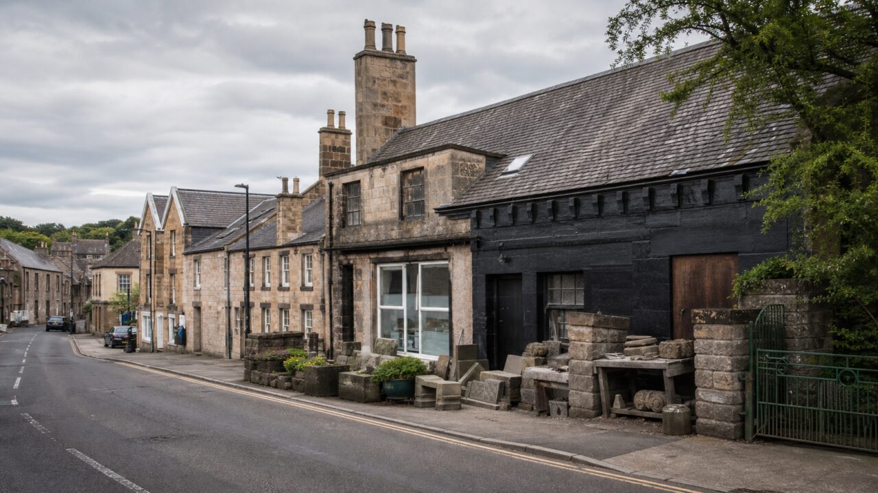 Vista ampla de um pátio de cantaria numa rua de Edimburgo
