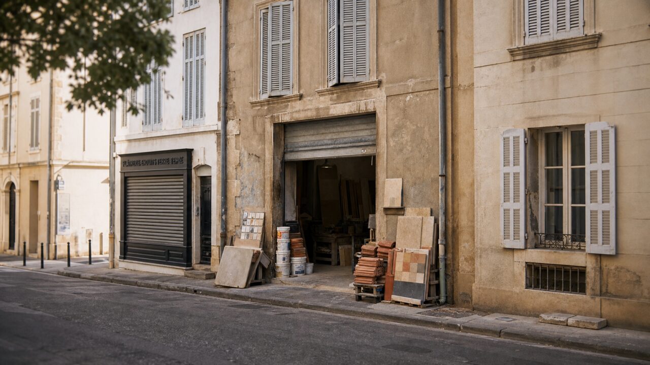Vista amplia de un depósito de materiales en una calle de Marsella