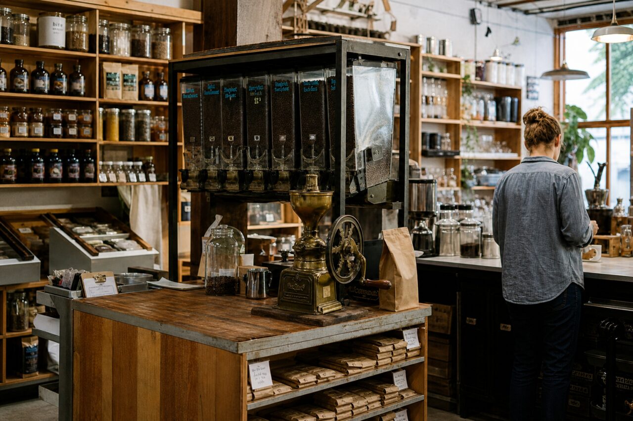 Wide view of a bulk shop with a coffee grinder