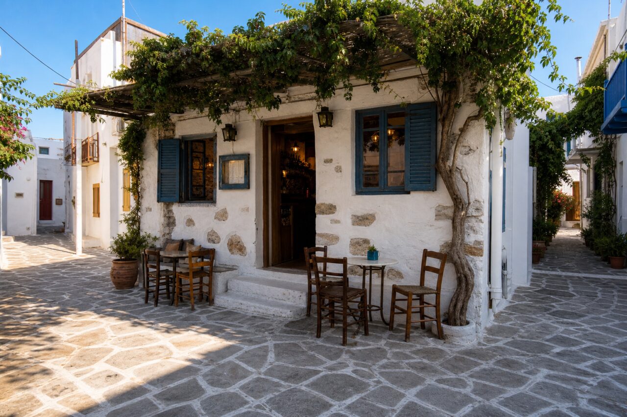 Vue large d’une façade ombragée au croisement de deux ruelles