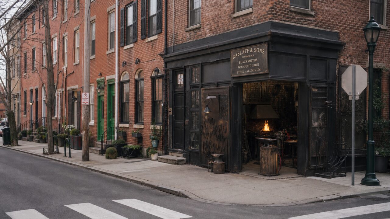 Vue large d’une forge de ferronnerie à l’angle d’une rue de Philadelphie