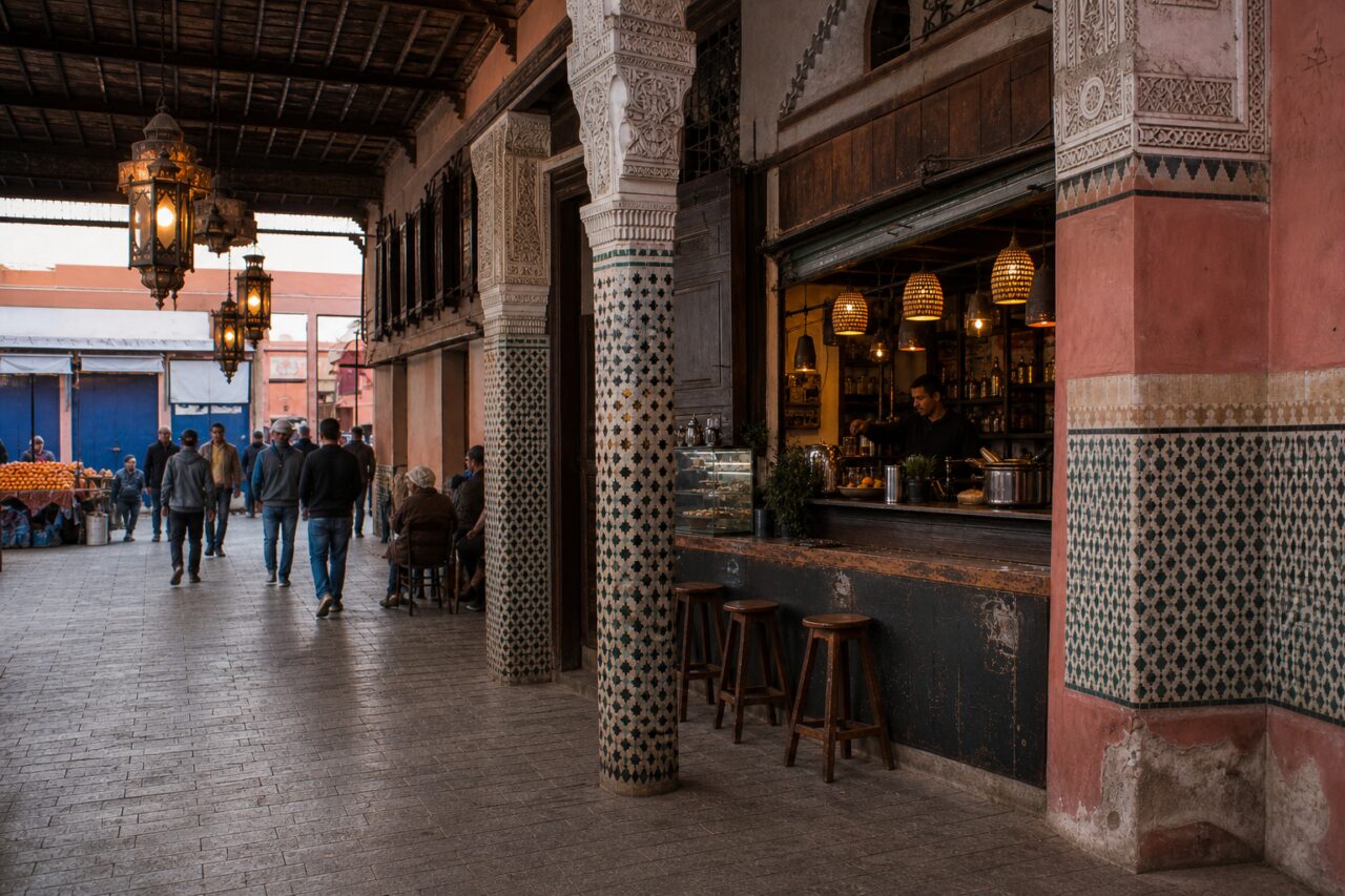 Vista amplia de la galería entre el café y un puesto de cítricos