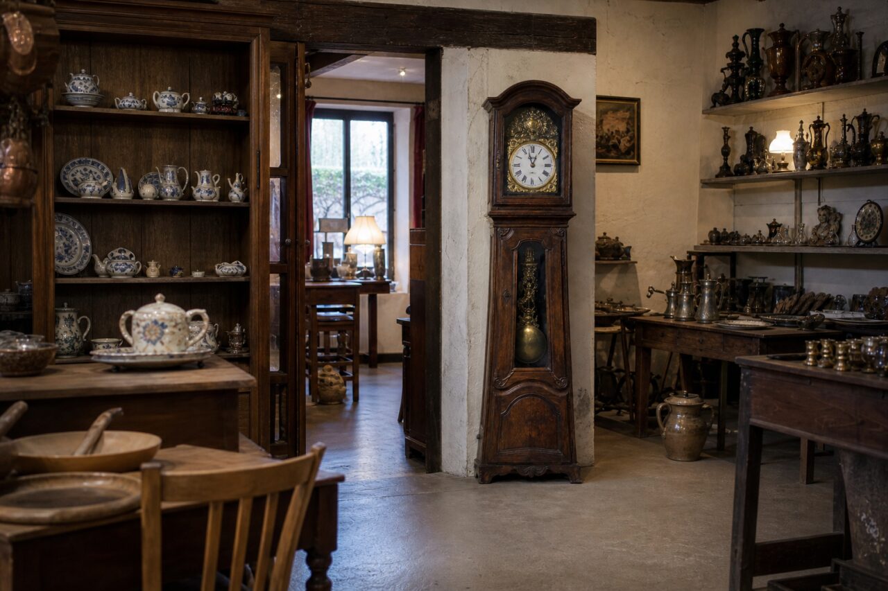 Weite Ansicht einer Comtoise-Uhr in einem Antiquitätengeschäft voller Geschirr und Metallobjekte