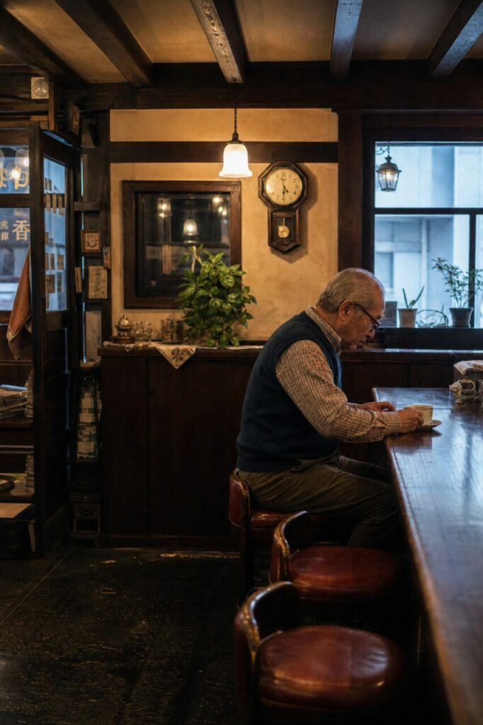 Vue large de l’intérieur, comptoir et sièges alignés