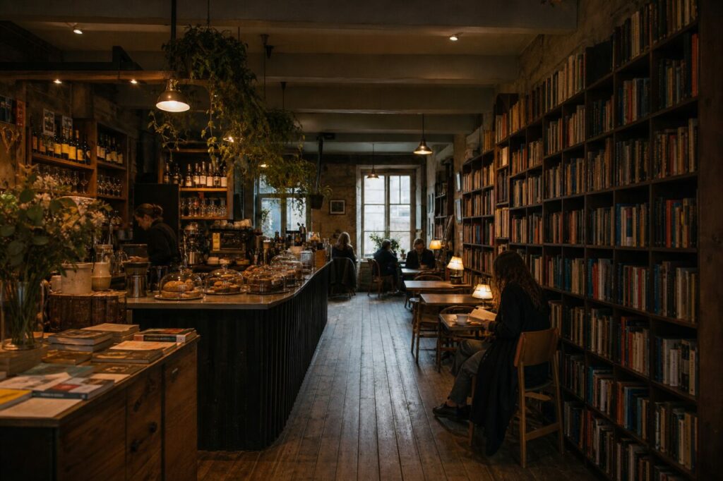 Weite Ansicht des Buchcafés mit zentraler Theke