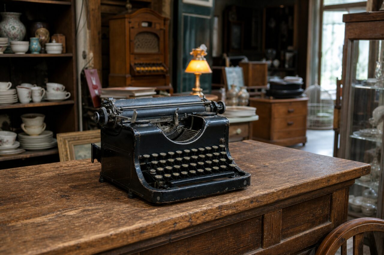 Ruime blik op een zwarte typemachine midden op een tafel in een warm verlichte antiekwinkel