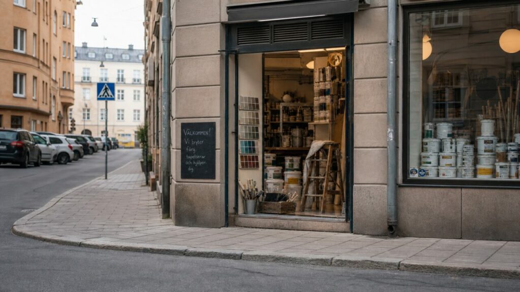 Breed beeld van een open verfwinkel op een straathoek in Stockholm