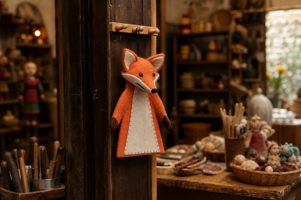 Vue large d’une marionnette renard dans un atelier de jouets