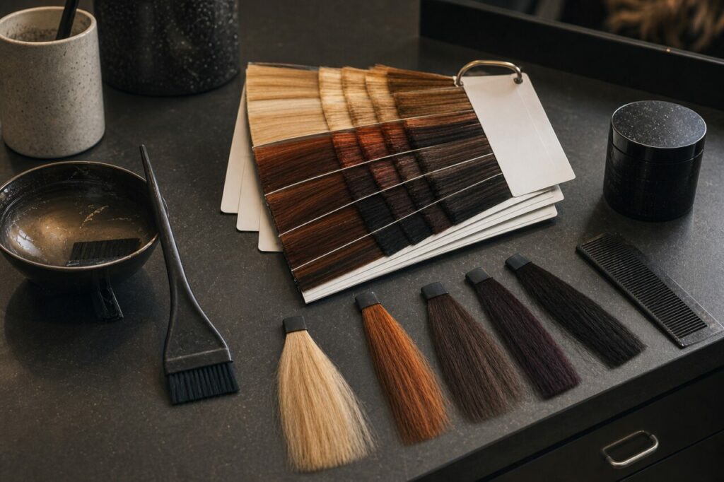 Vue large du nuancier et des accessoires de coloration