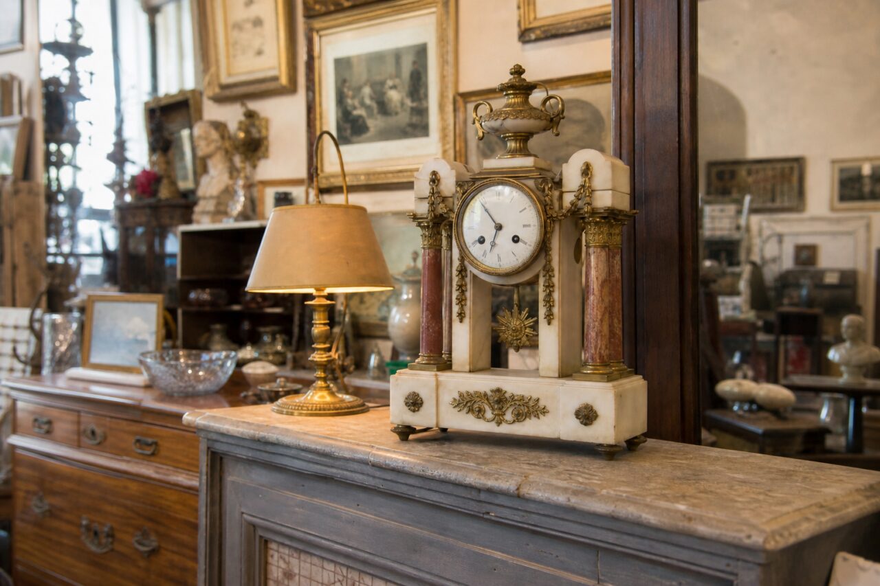 Vista amplia de un reloj de pórtico con columnas rojas en el interior de una tienda de antigüedades