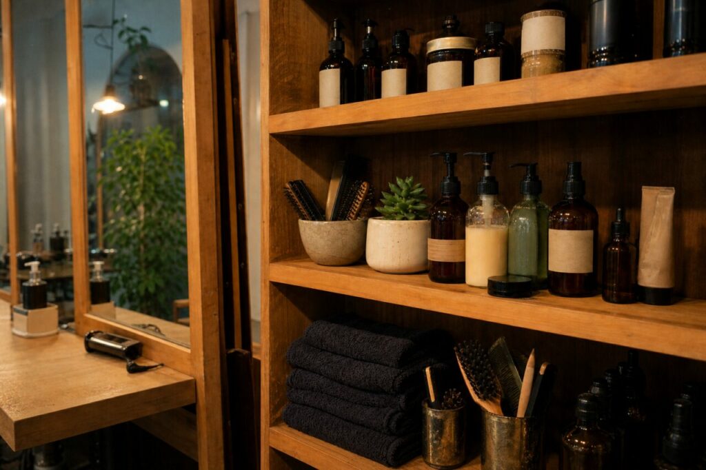 Meuble en bois de salon près du miroir avec flacons et brosses
