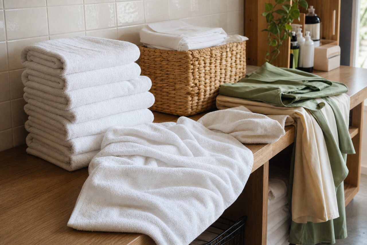 Vue large d’un rangement de serviettes et d’étoffes