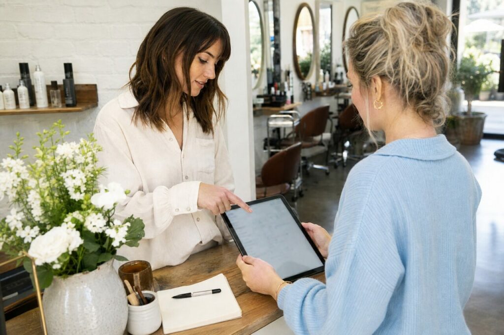 Vista ampia del bancone, del tablet e del salone