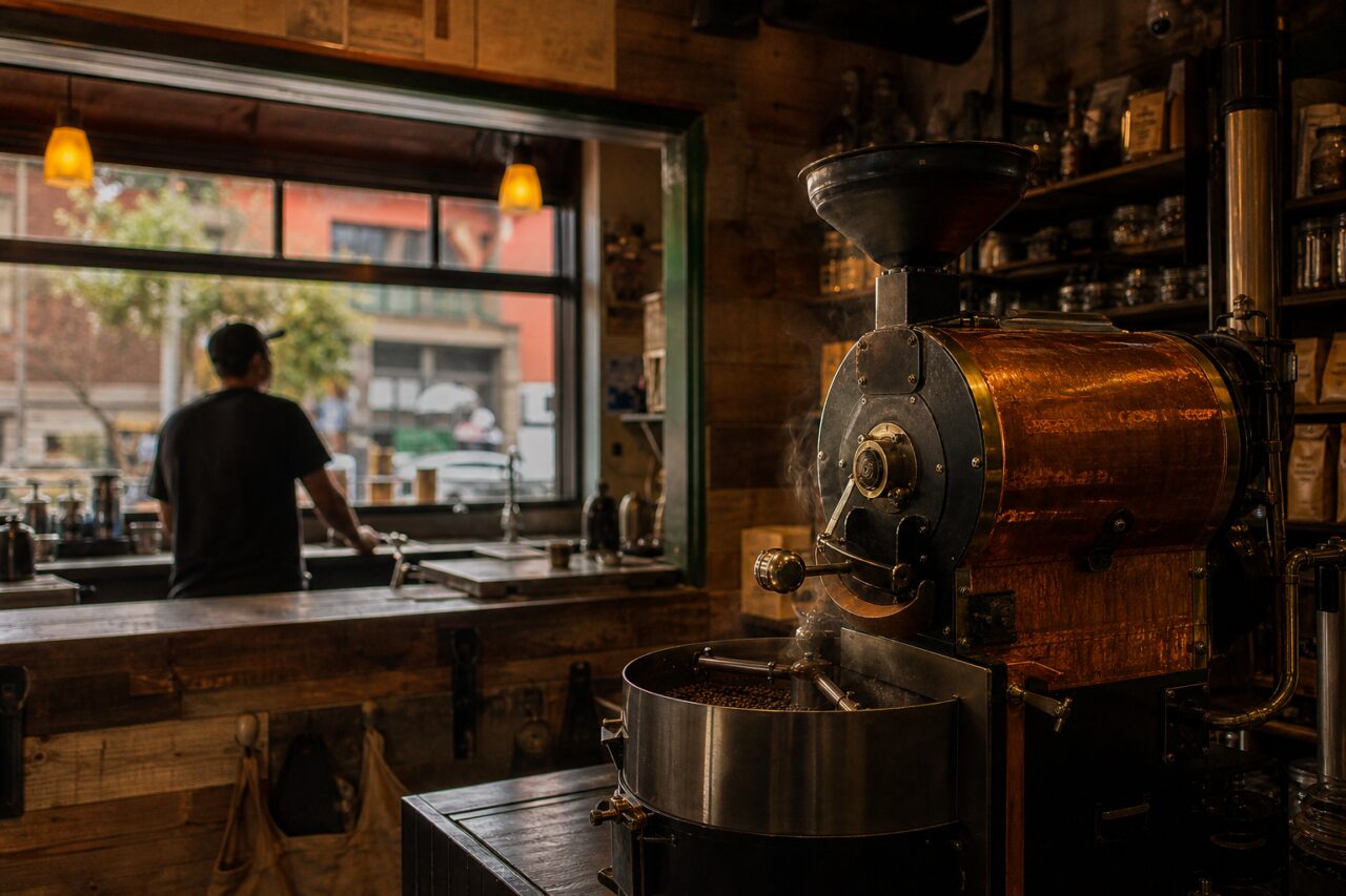 Veduta ampia di una tostatrice in rame dietro il bancone del caffè