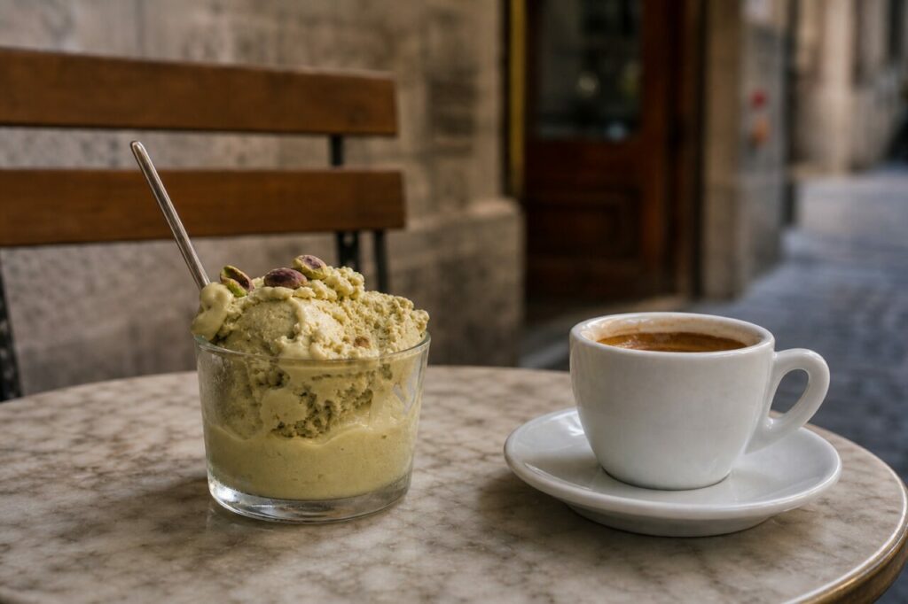 Zijaanzicht van bevroren dessert met pistachenoten en koffie