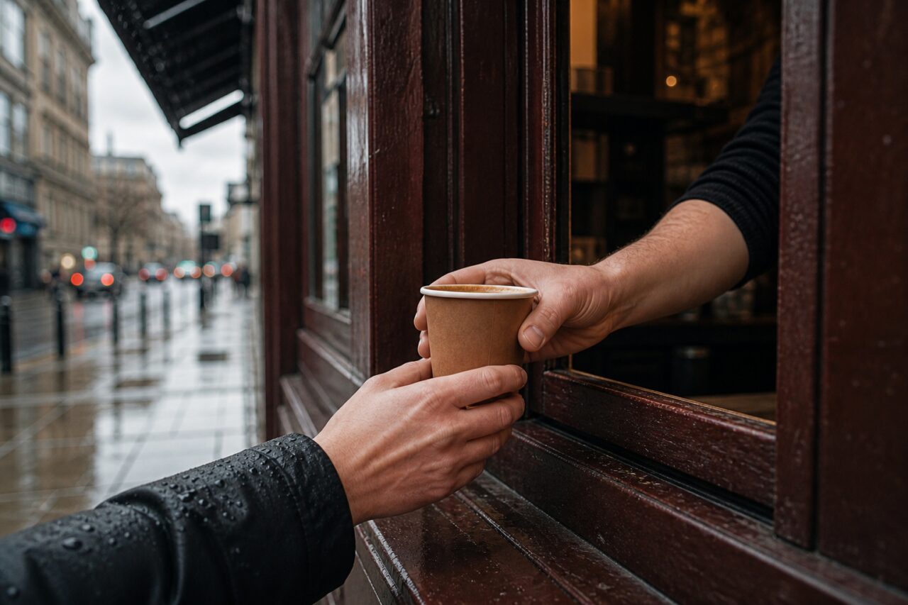 Vista laterale di un bicchiere di caffè schiumoso passato alla finestra bagnata