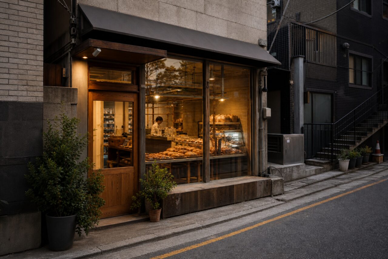 Angled view of the entrance and bread displays