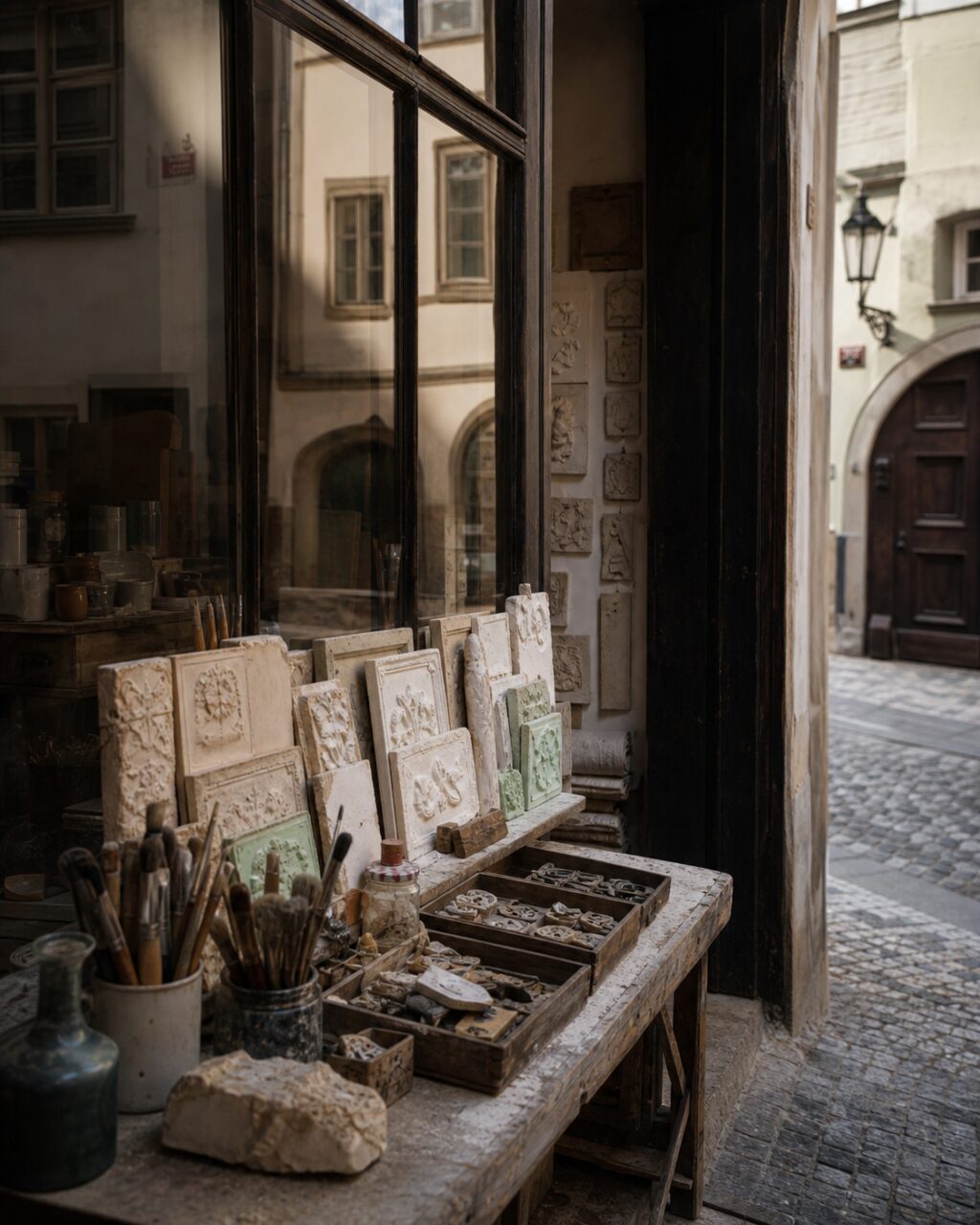 Schuine blik op een restauratietafel met penselen en decorpanelen in Praag