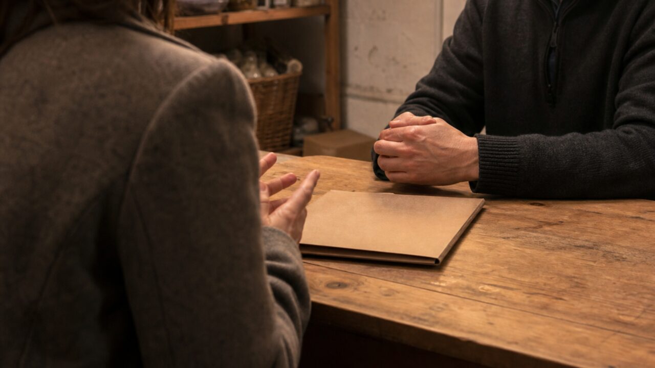 Panoramaansicht von Händen und Dokumentenmappe auf einem Tisch