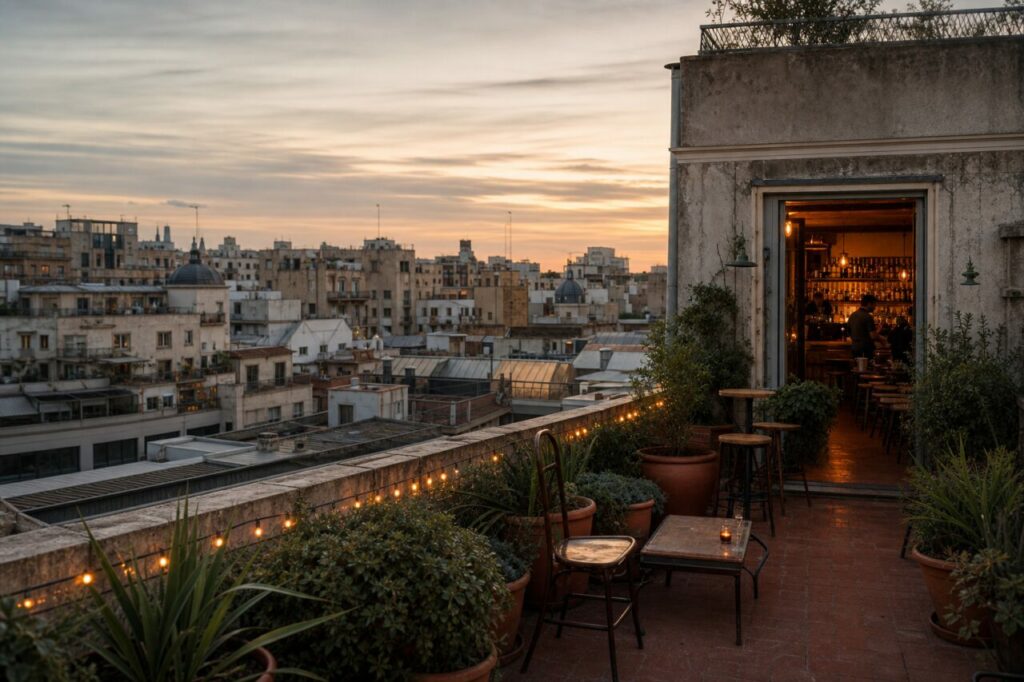 Vue panoramique de la terrasse entre ville et bar éclairé