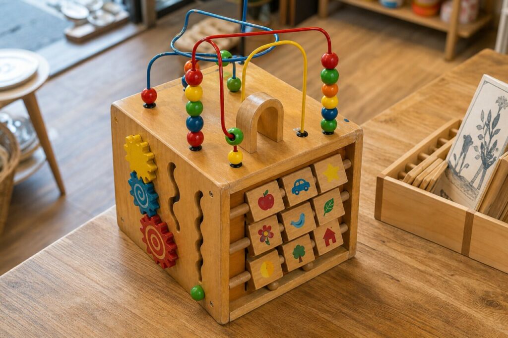 Gekleurde kralen op de houten activiteitenkubus