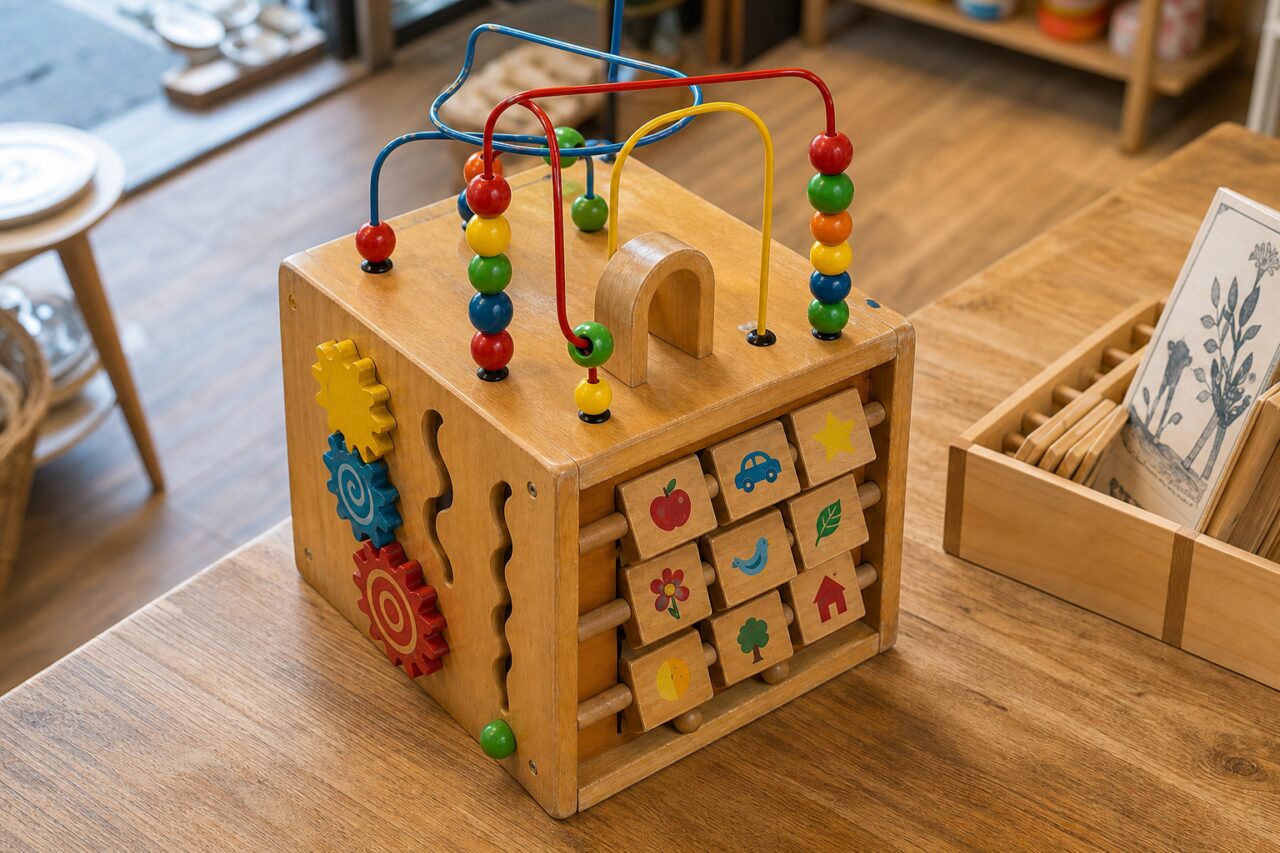 Perles colorées au sommet du cube en bois