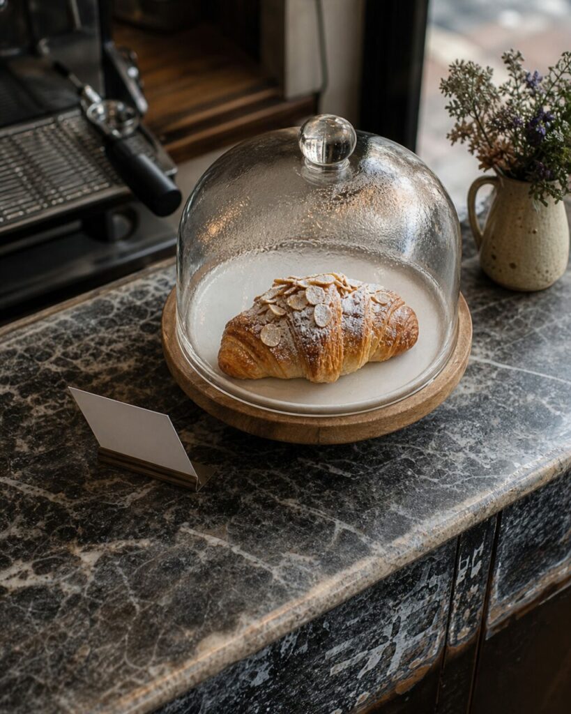 Draufsicht auf ein Mandelcroissant unter einer Glasglocke auf der Theke