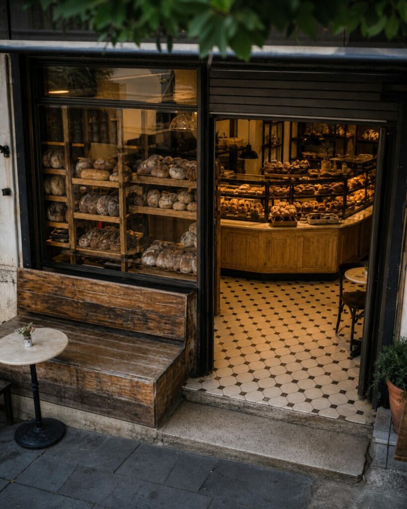Vue plongeante sur l’entrée et le comptoir de boulangerie