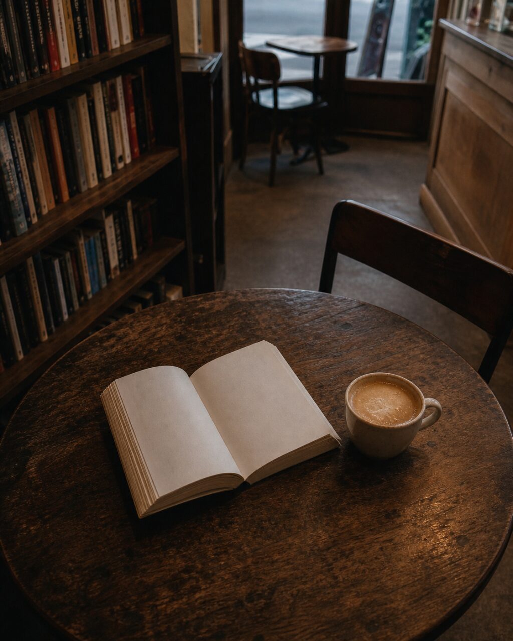 Aufsicht auf Buch und Tasse auf dem großen runden Tisch