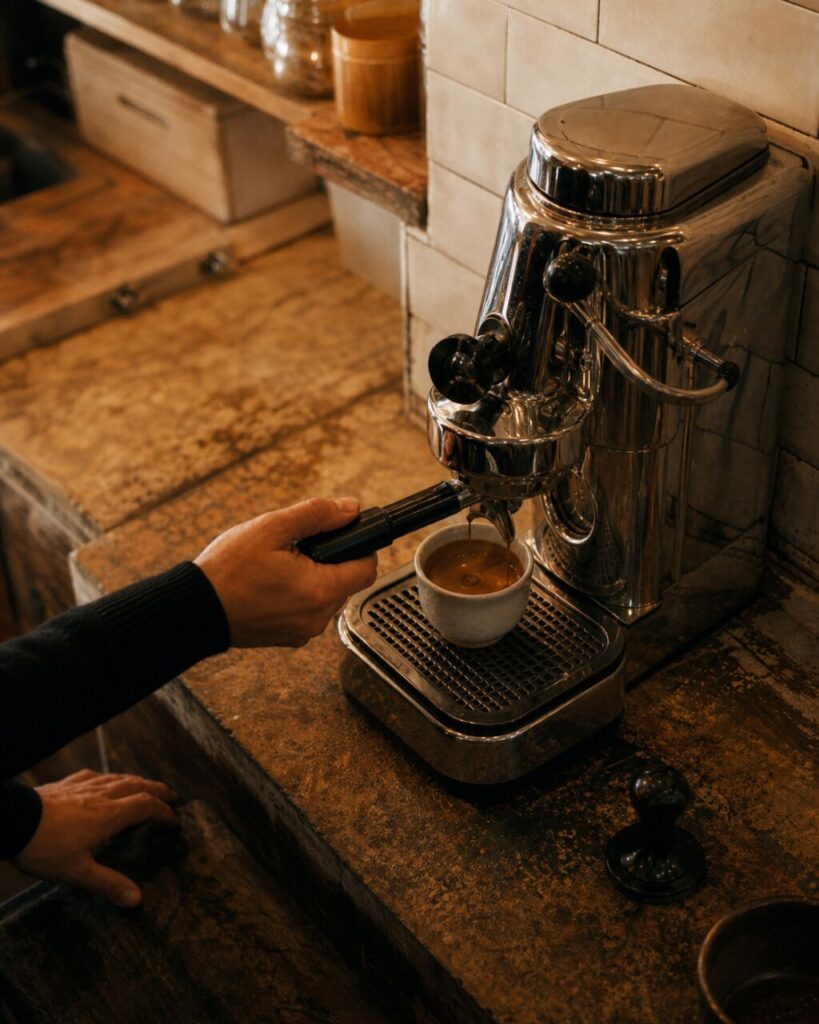Bovenaanzicht van een espressomachine en kop tijdens het zetten