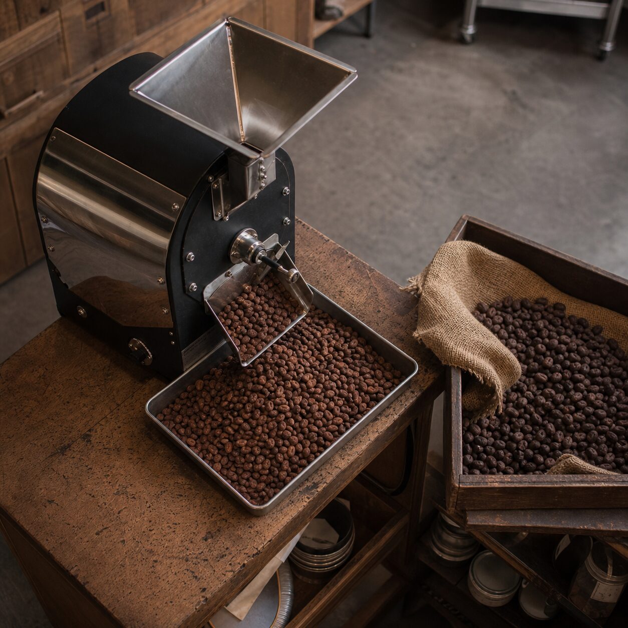 Overhead view of the machine and beans