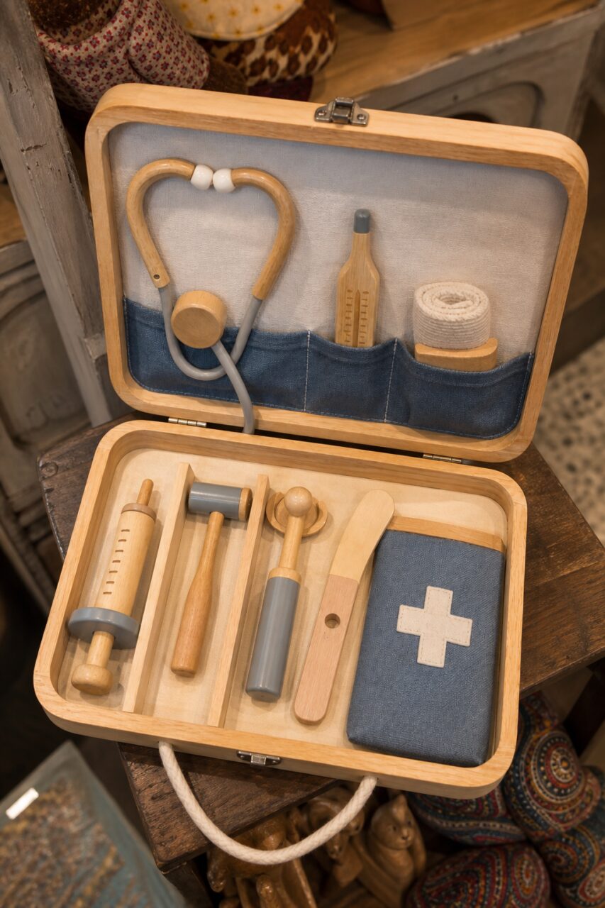 Vista superior de uma mala médica de brincar compartimentada