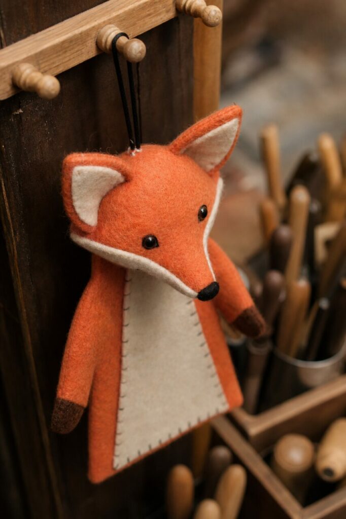 Vue plongeante sur la marionnette renard et sa patère