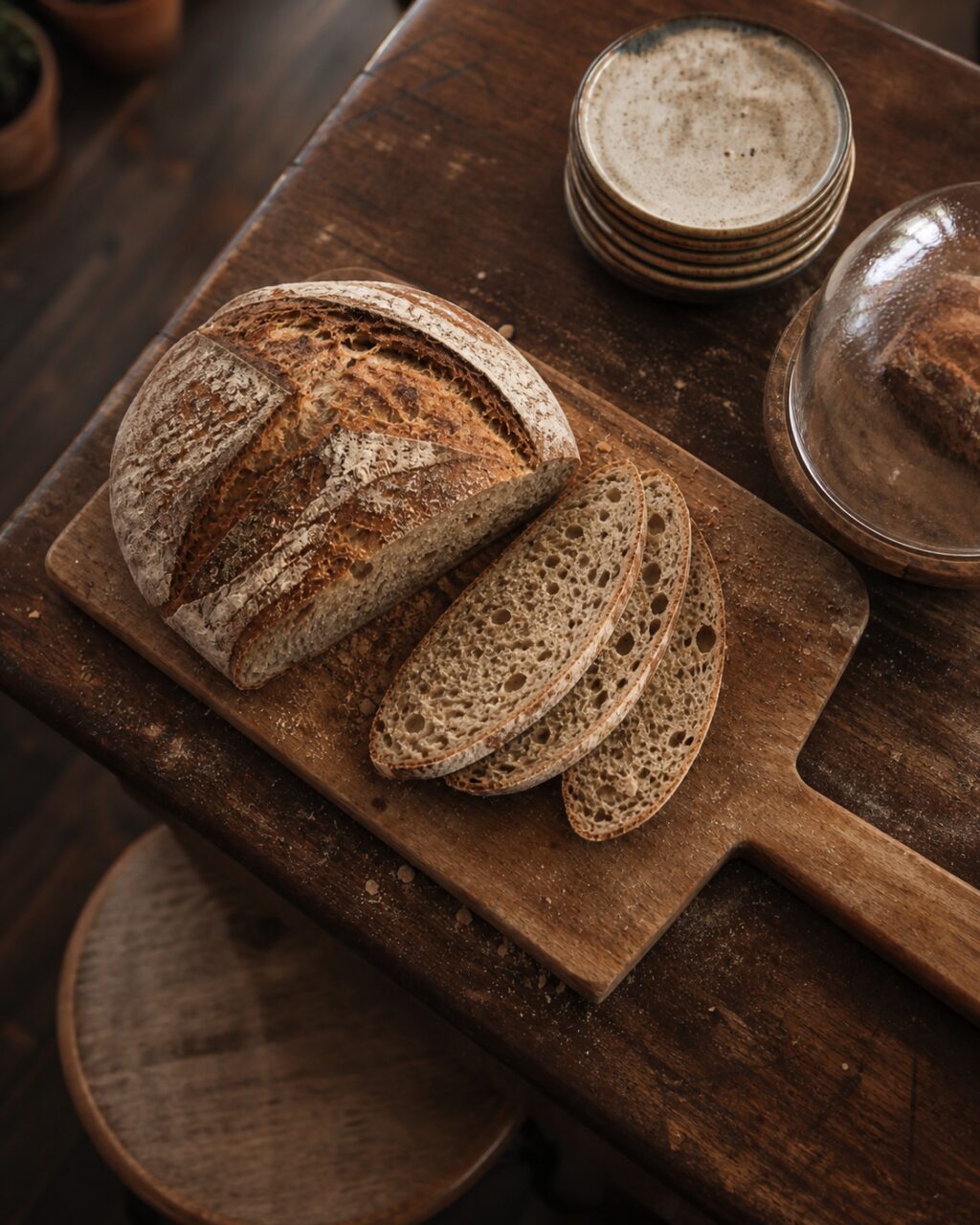 Overhead view of a loaf with three fanned slices