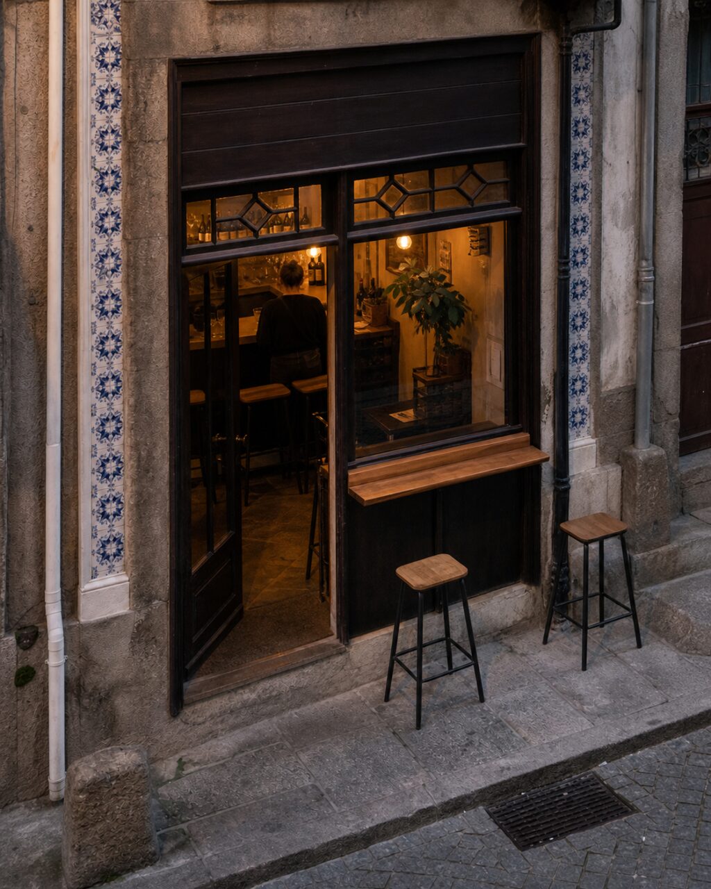 High-angle view of an open door and two stools