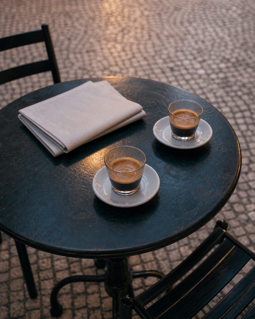 Vue plongeante sur une table de terrasse avec deux cafés et journal plié